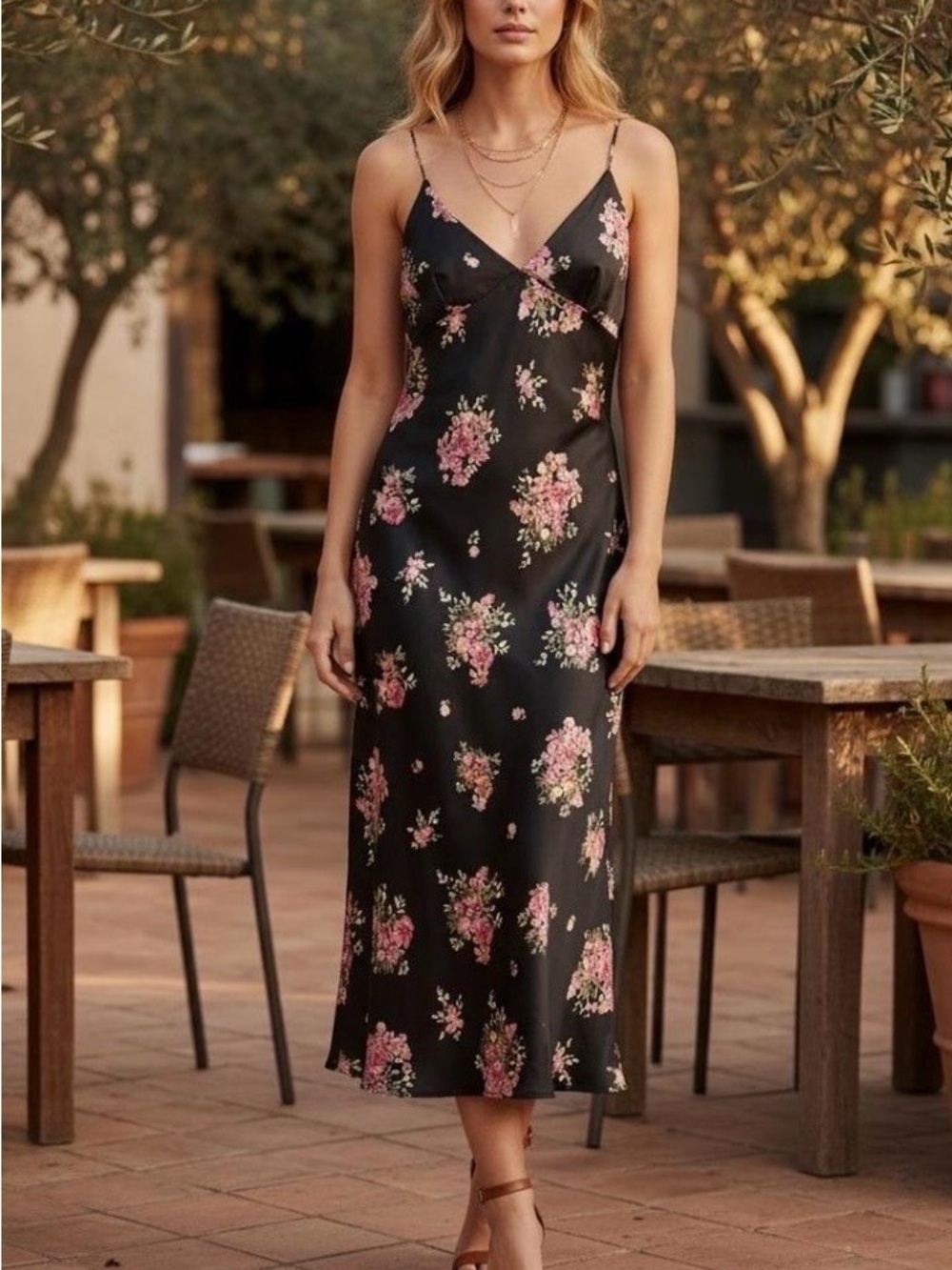 Zara Black Slip Midi Floral Dress Boho Minimalist Coquette Romantic